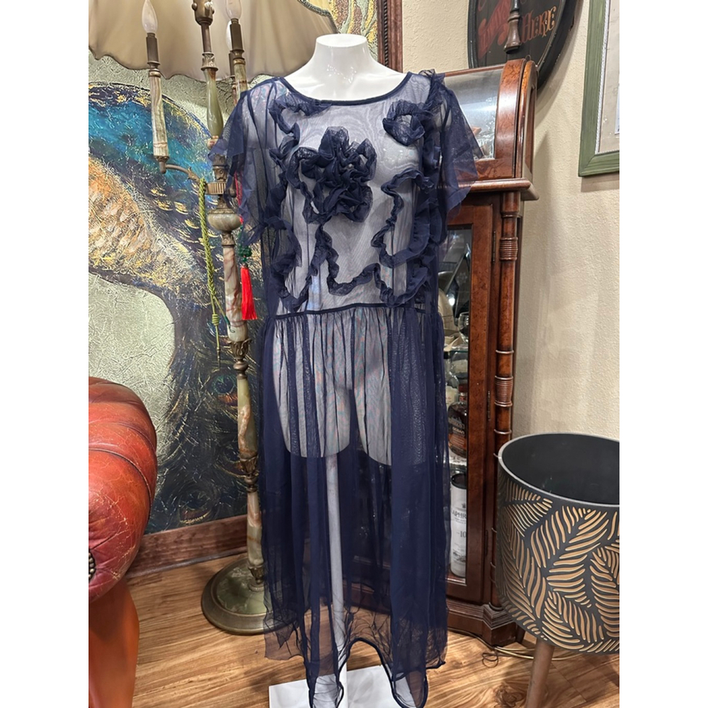 Women's Vince Camuto Navy Sheer Ruffle Dress L - Picture 2 of 8